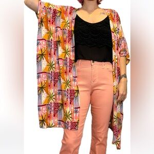 NWT Angie open duster scarf kimono pink periwinkle palm tree tropical coverup